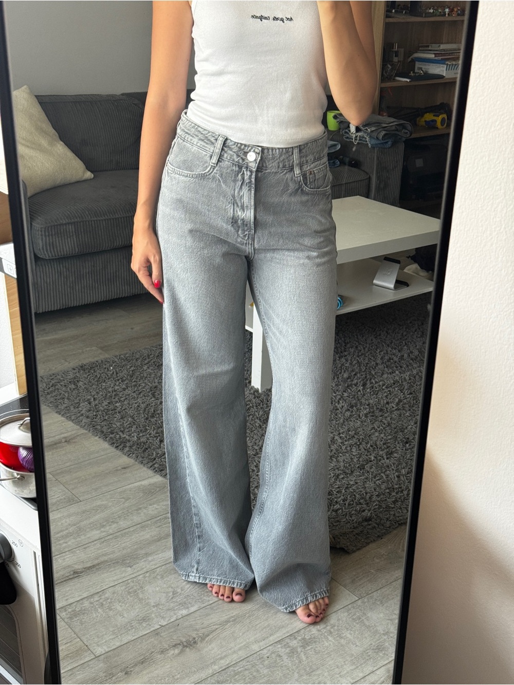 Zara Light Gray High-Rise Wide-Leg Jeans